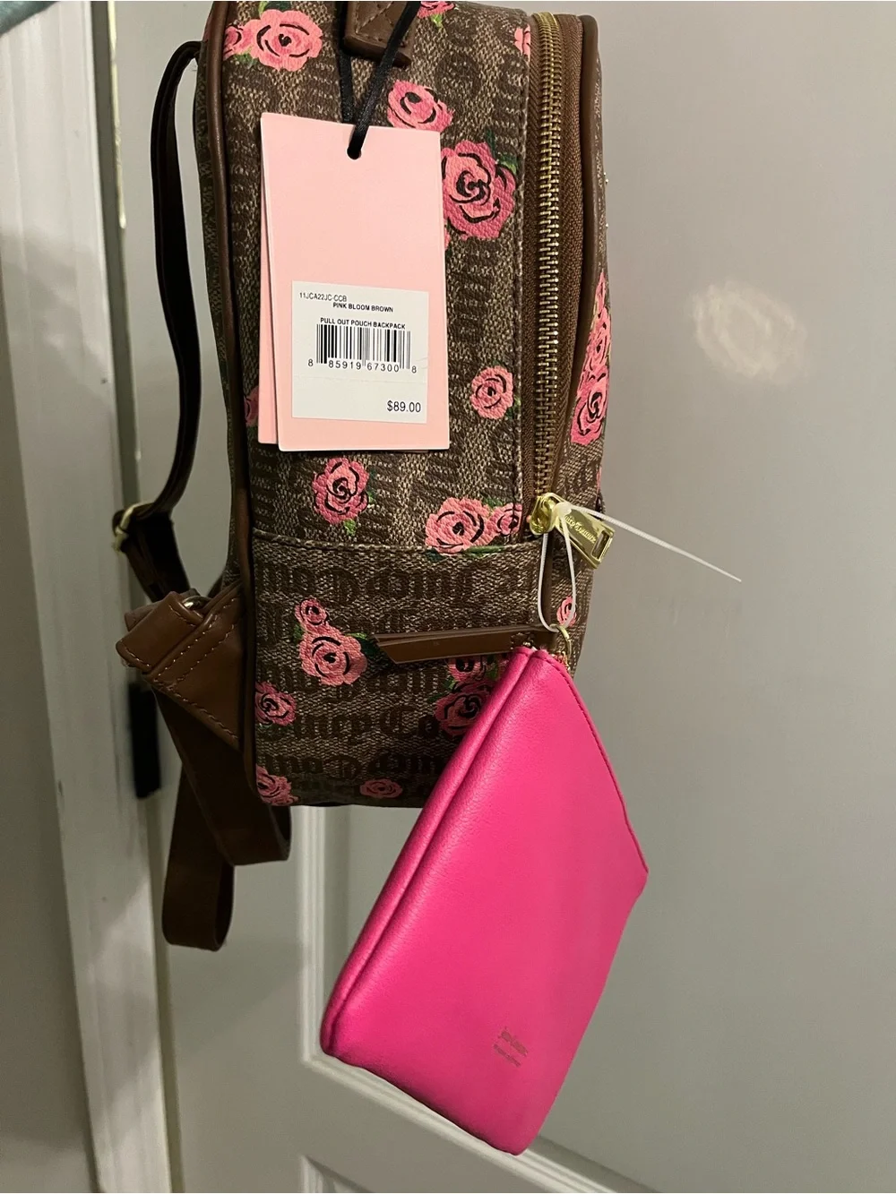 Juicy Couture Brown Logo Backpack with Pink Rose Print
